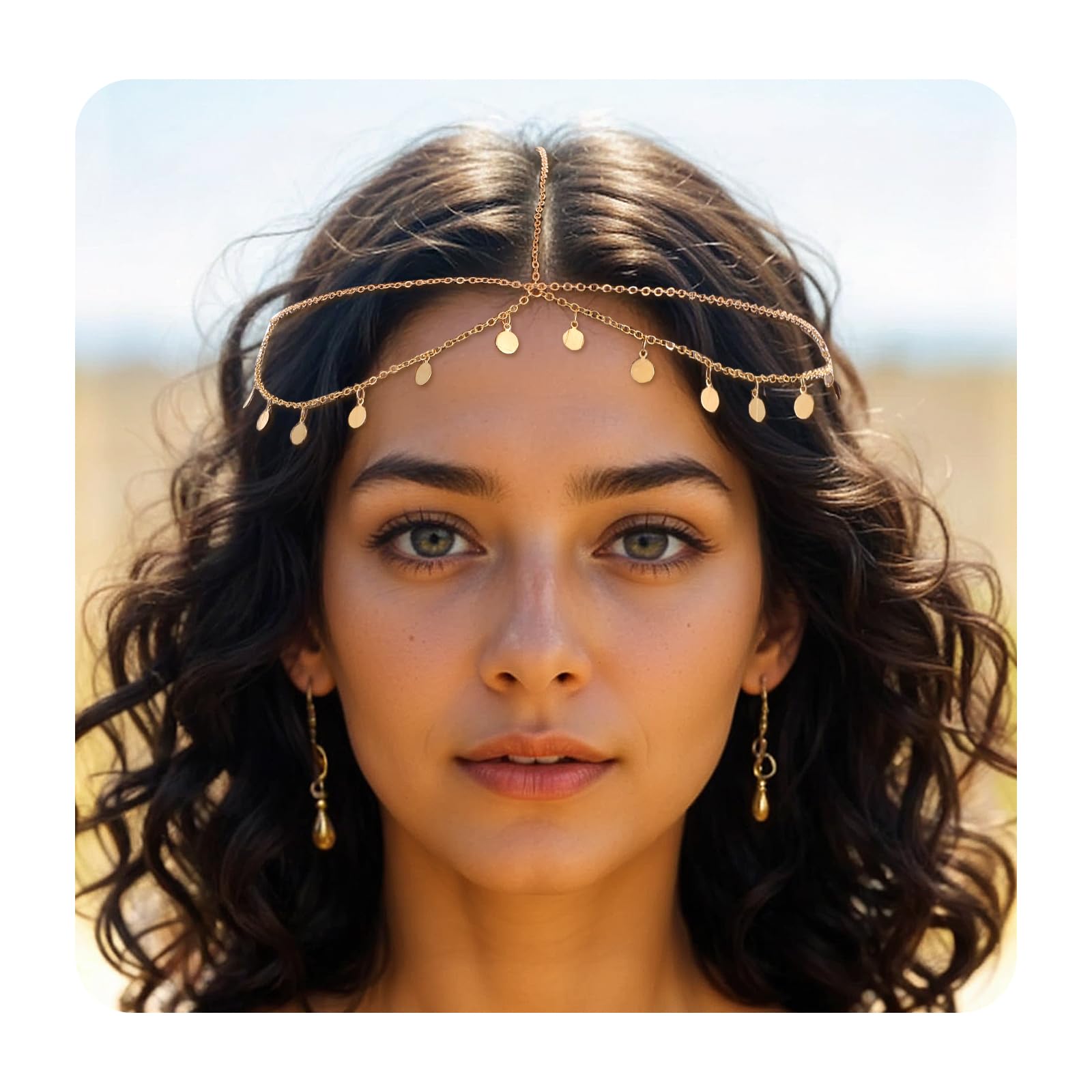 OuligayGoddess Head Chain Gold Women's Fortune teller Headdress Gold Sequins Boho Tassel Hair Chain Head Chains Jewellery Wedding Bridal Festival Costume Hair Accessories for Women and Girls
