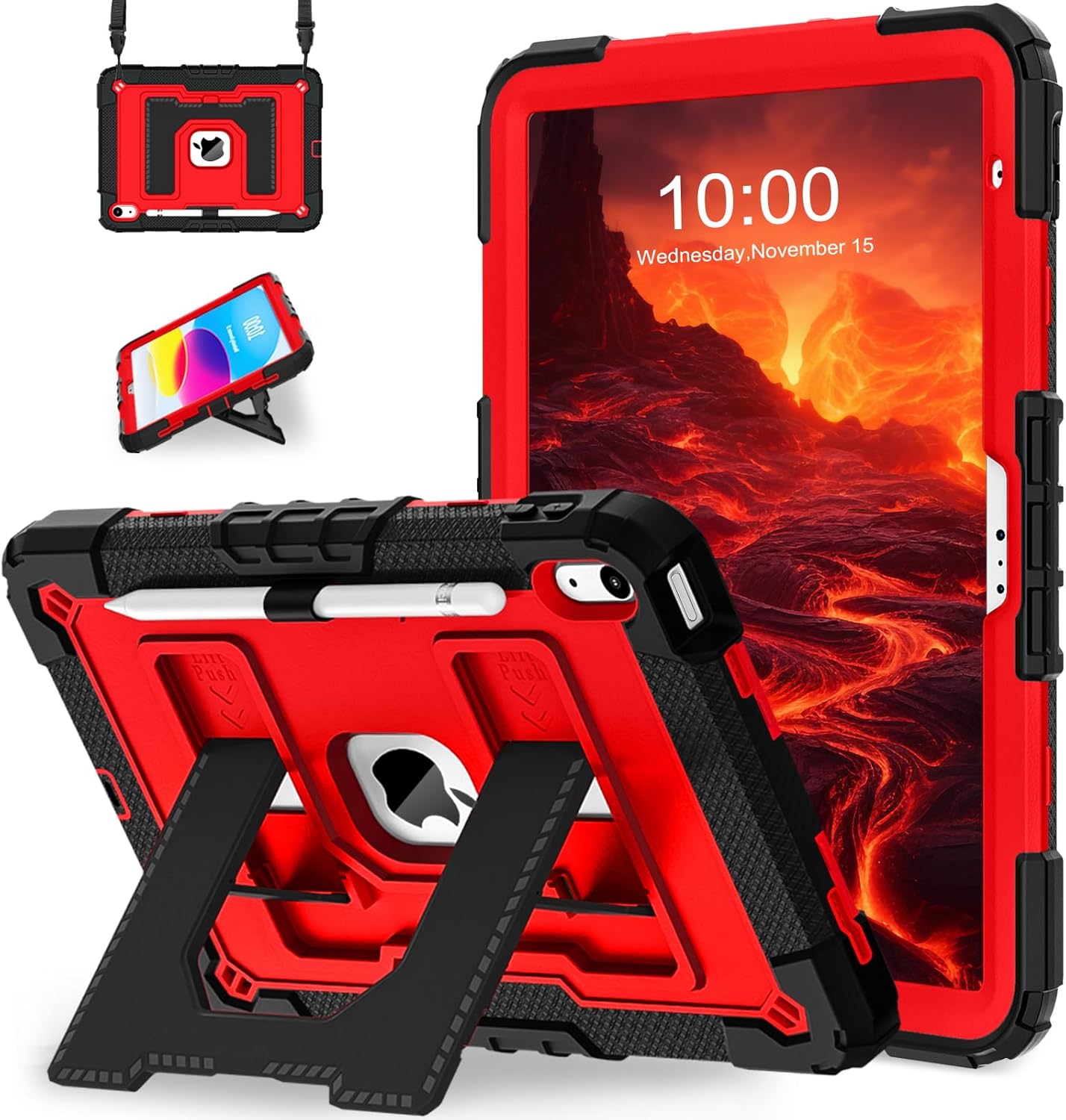 WESOROL Case for iPad A16 11th Generation 11 Inch (2025) iPad 10th Generation 10.9 Inch (2022),i Pad A16 Case Military Grade Shockproof Cases with Pencil Holder Shoulder Strap,Black Red