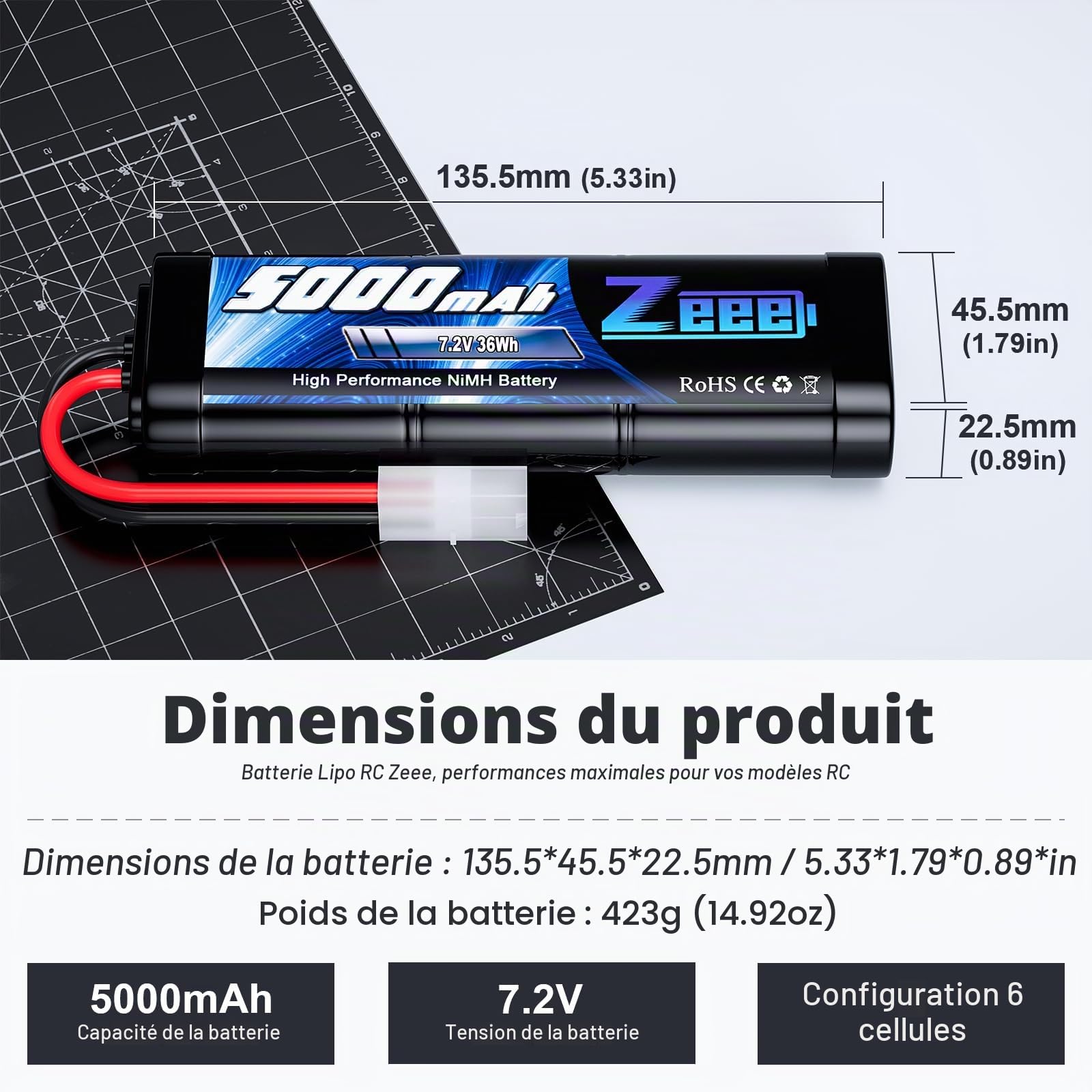 Zeee 7,2V 5000mAh RC NiMH Batterie avec Prise Tamiya pour Voiture RC Camion HPI Losi Kyosho Tamiya Hobby (2 Paquets)