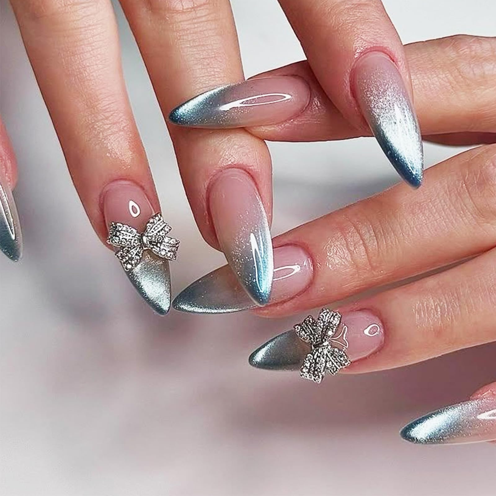 Blue Gradient Press on Nails 24Pcs French Tips Medium Almond False Nails Glossy White Glitter Cat Eye Acrylic Fake Nail Rhinestones Gel Glue on Nail