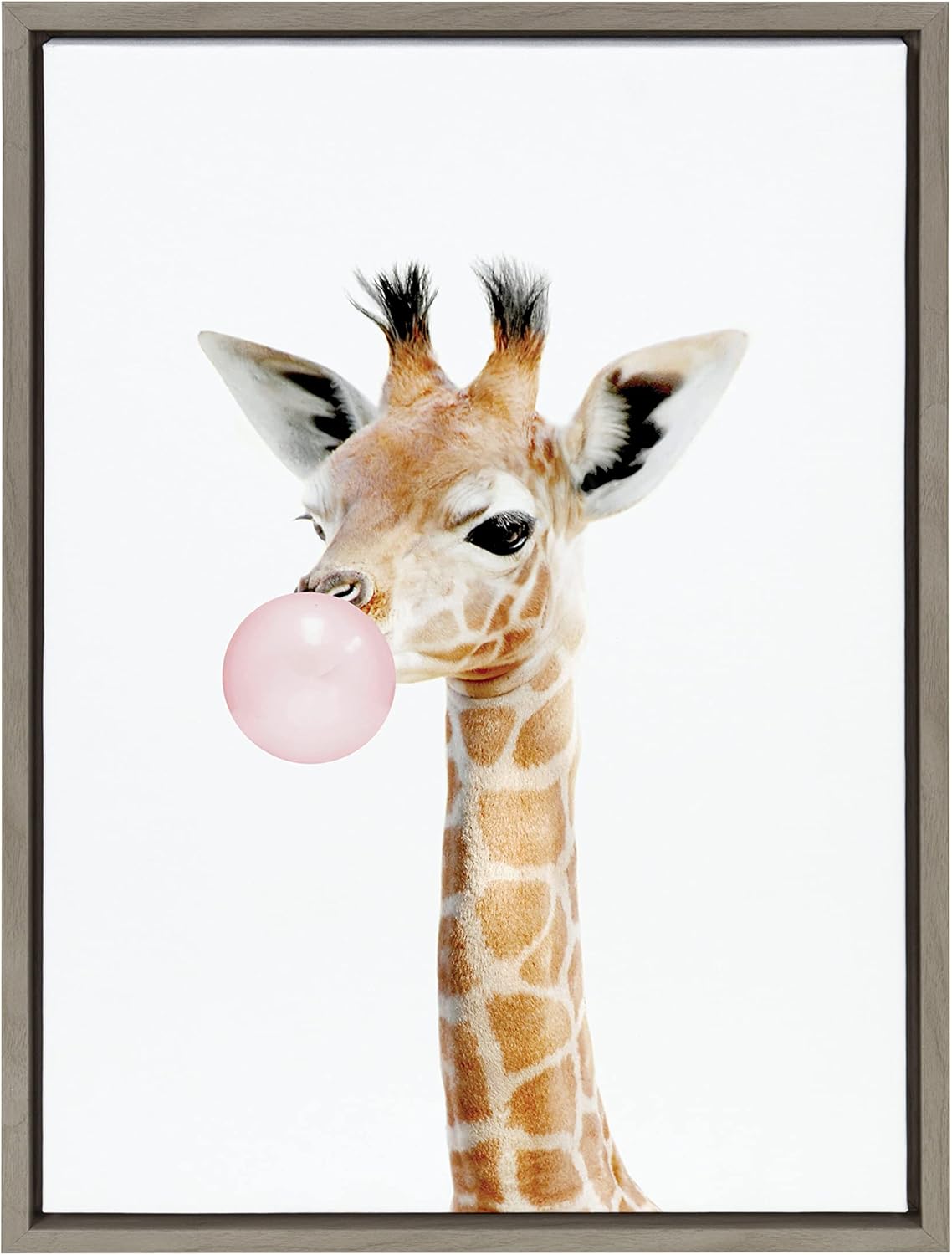 Kate and Laurel Sylvie Bubble Gum Giraffe Framed Canvas Wall Art By Amy Peterson Art Studio, 18x24 Gray, Decorative Zoo Animal Art for Wall