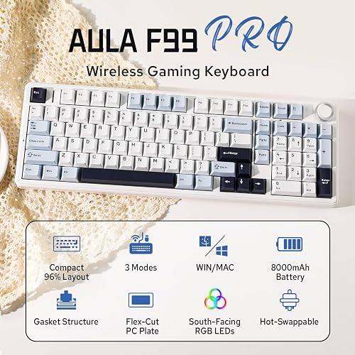 MechLands Aula F99 PRO Clavier de jeu mécanique 96 %, BT5.0/USB-C/2,4 GHz, sans fil, joint remplaçable à chaud, batterie de 8000 mAh, bouton rotatif, rétroéclairage RVB pour Windows/Mac (blanc bleu) - 2