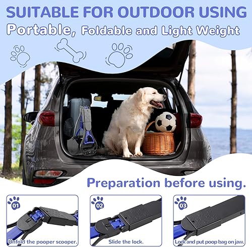 Miniatura 5 de Recogedor de excrementos para perros, mango largo de 24 pulgadas para operar con una sola mano, plegable y portátil, fácil de usar en hierba,