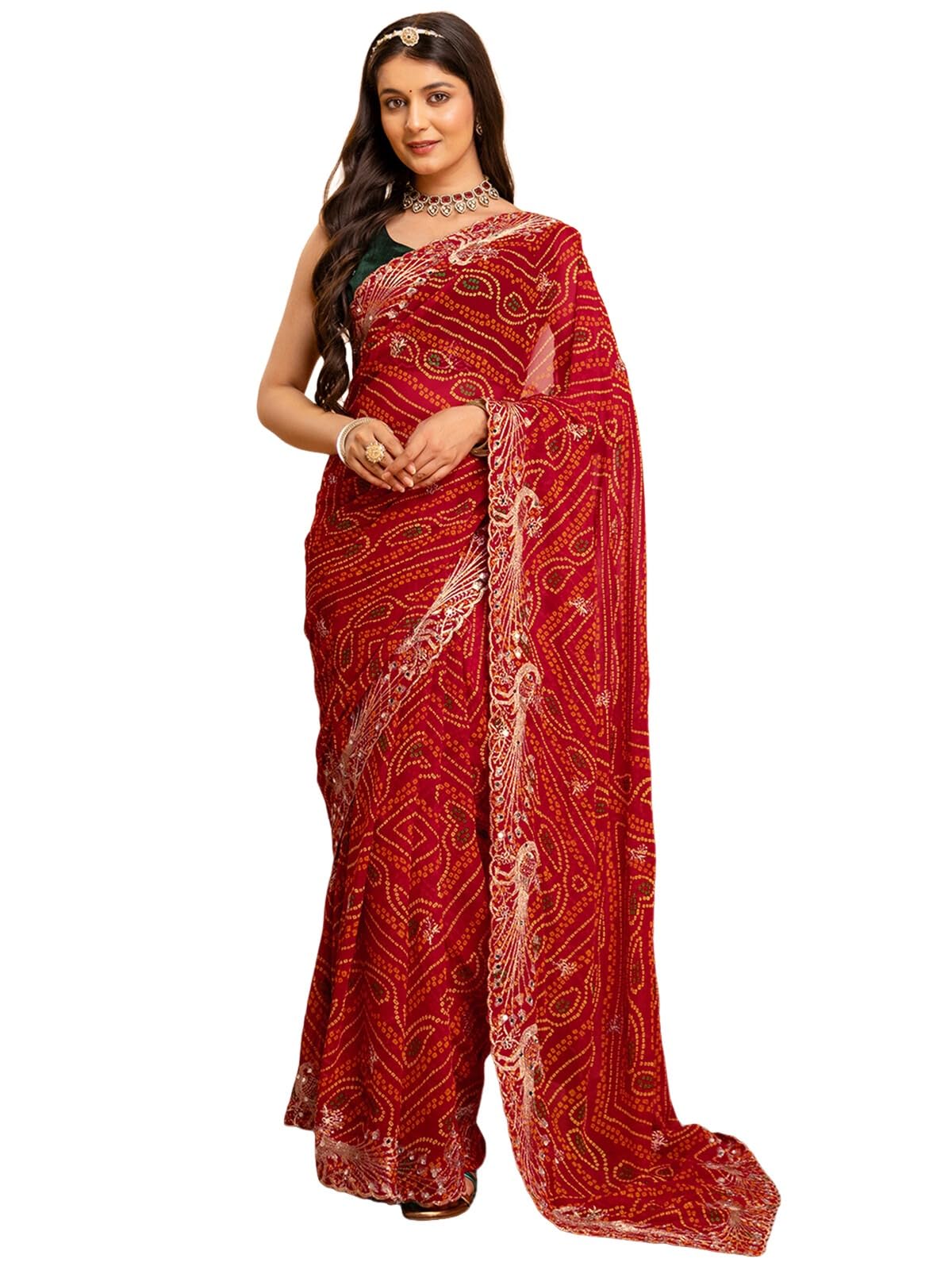 satrani Women's Bandhani Printed Embroidered Mirror Work Georgette Saree with Unstitched Blouse-picture-38