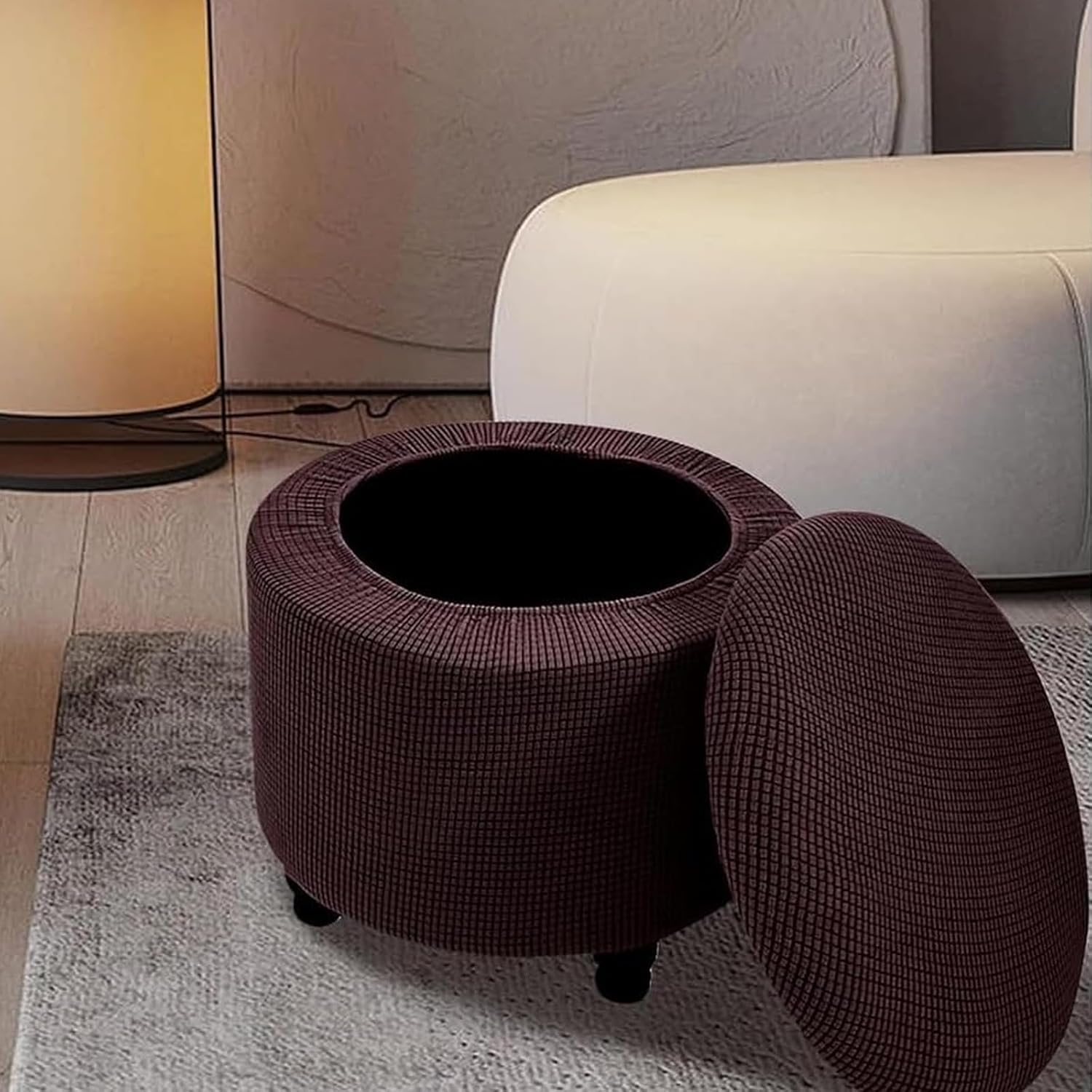 Round Storage Ottoman with Cover Lid, Round Ottoman Covers Slipcover Jacquard Round Stool Cover for Living Room Bedroom (Coffee)