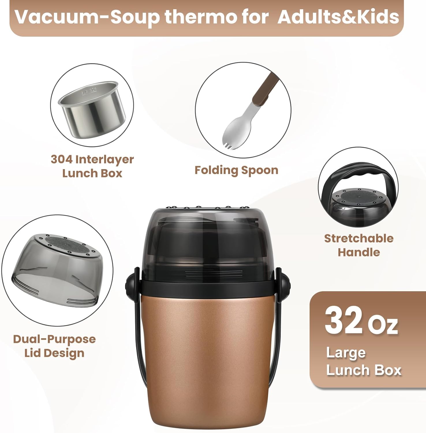 Soup Thermo for Hot Food Adults & Kids 32oz Lunch Containers Wide Mouth, Insulated Food Jar 100% Leak-Proof Double-Layer Stainless Steel Lunch Box with Spoon BPA Free (Golden)