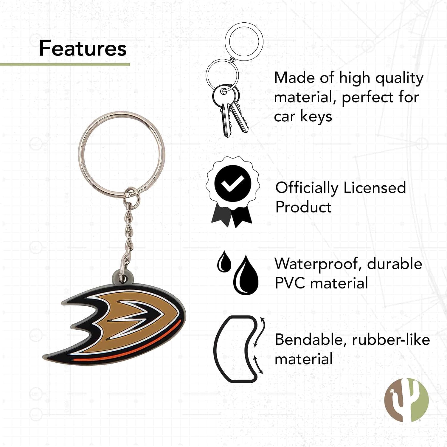 Desert Cactus Anaheim Ducks PVC Keychain NHL National Hockey League Bag Tag, Backpack, Car, Gift, Souvenir, Key Ring (PVC)