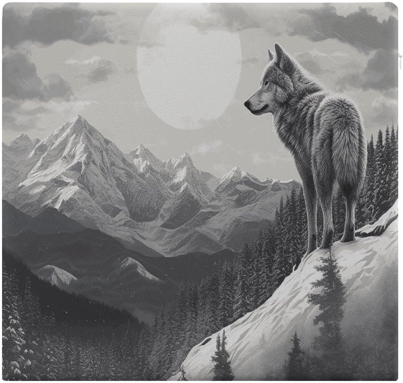 Snow Mountain Lone Wolf Chair Cushion Floor Pillow Stool Cushion | Cushions with Removable Cover with Square Memory for for Chair Living Room Balcony Office Sofa,13.8*15*1.2 Inch