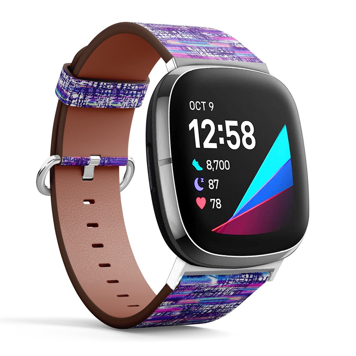 CJBROES Replacement Leather Watch Band, Compatible with Fitbit Versa 3 and Fitbit Sense of Wristband Bracelet Accessory - Purple Scrawl