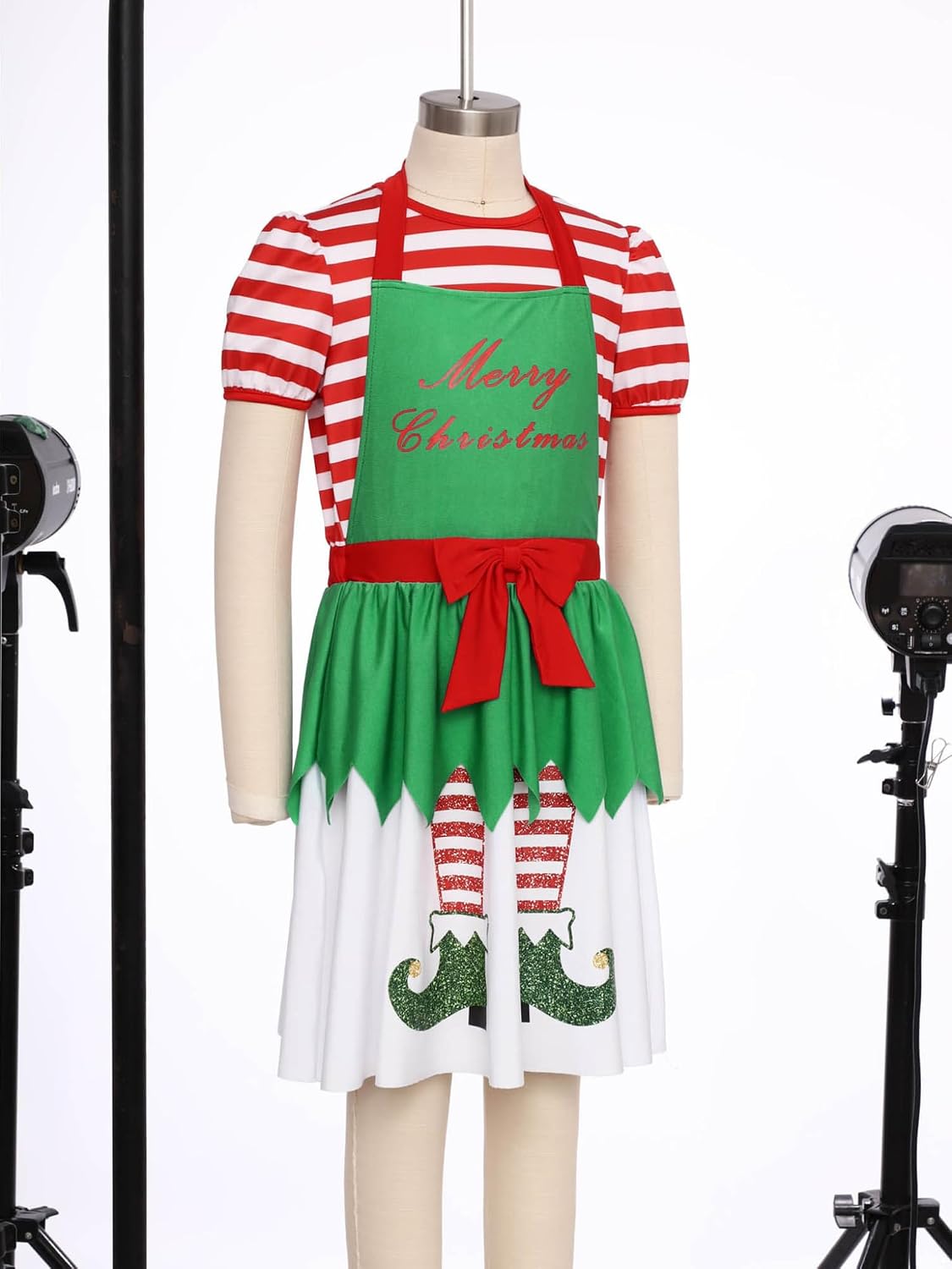 Girls Santa Elf Christmas Dress A Line Gown with Apron Short Sleeve Ice Skating Leotard