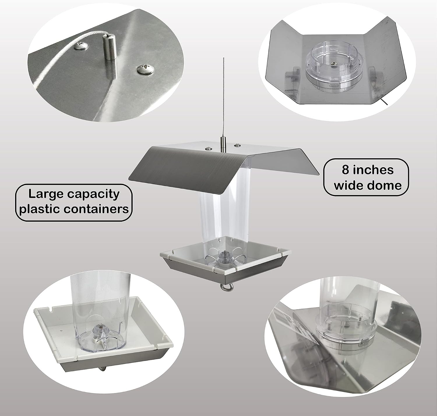 Bird Feeders Squirrel Proof for Outside - Adjustable Hanging Panorama Square Bird Feeders with Roof,for Outside Wild Birds,Modern Bird Feeder with S Hook for Balcony, Garden Yard Decorations(Silver)