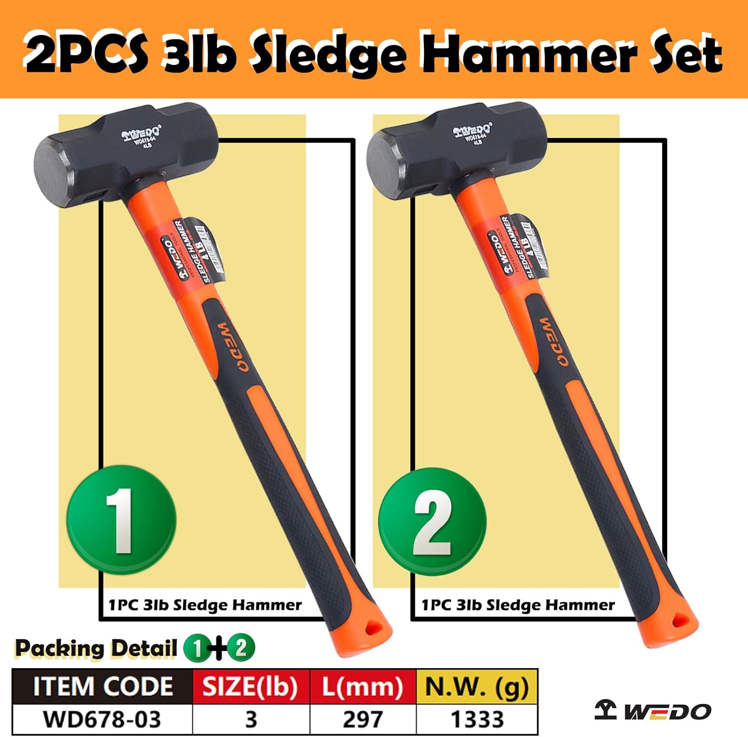 WEDO 2pcs 3lb Sledge Hammer, Drilling Hammer, Club Hammer, Crack Hammer, High Carbon Steel Hammer, 12-inch Fiberglass Handle Shock-resistant, WD678-0303