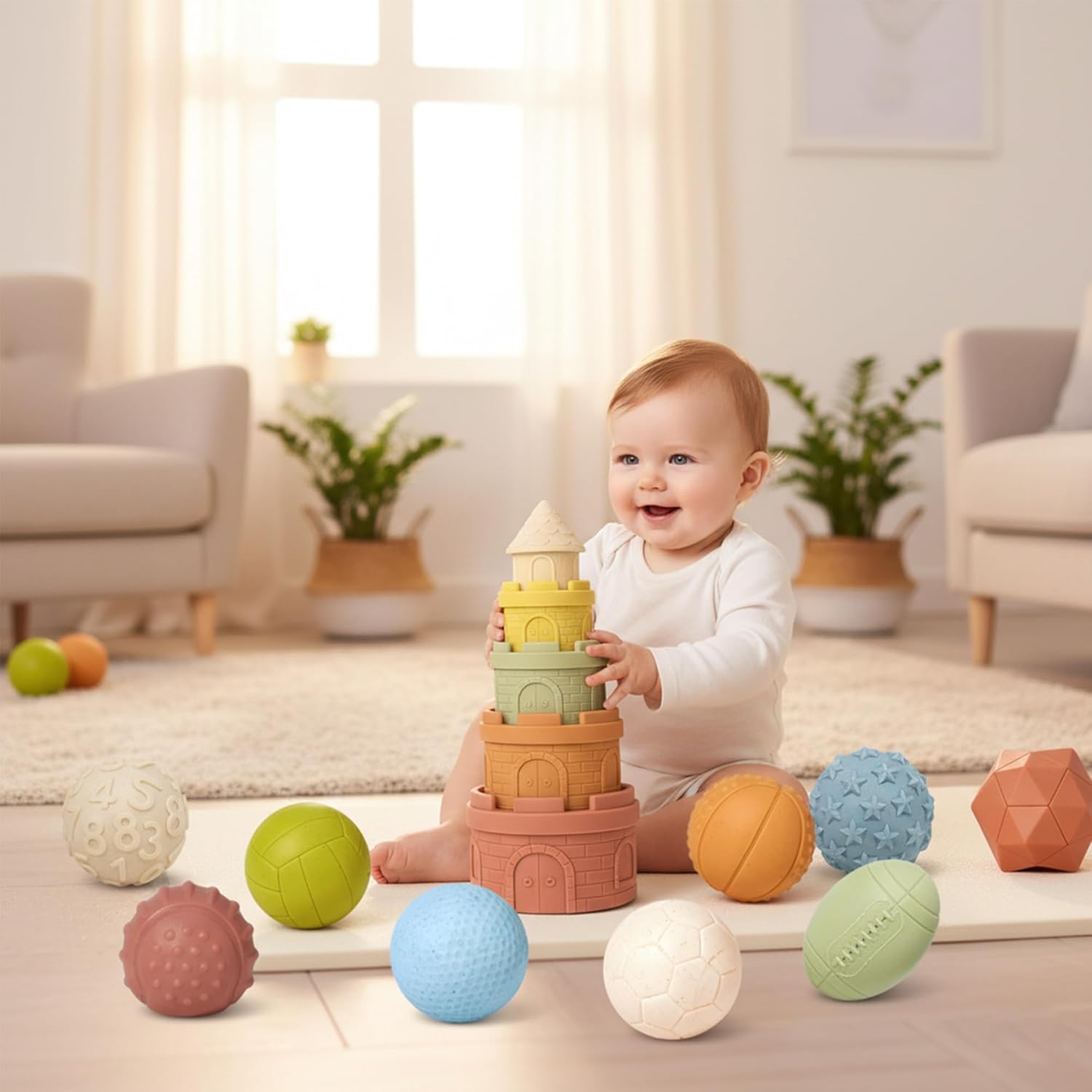 Sensory Balls for Babies & Stacking Cups Set, Soft Textured Montessori Baby Toys 6-12 Months, Wheat Straw Toys, Castle Nesting Blocks, Teether & Bath Toys, Learning Gifts for Toddlers 1-3