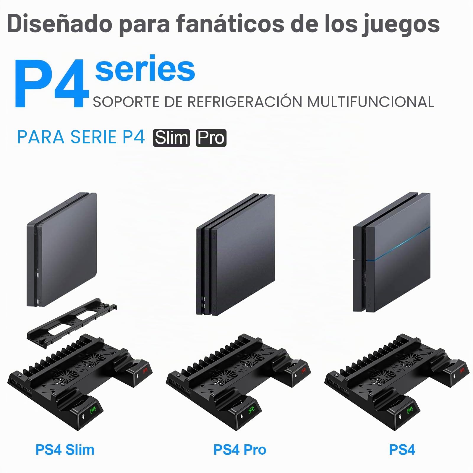 ASUNCELL Soporte vertical para PS4, con ventilador y estación de carga para PS4 Pro/Slim, incluye 12 juegos