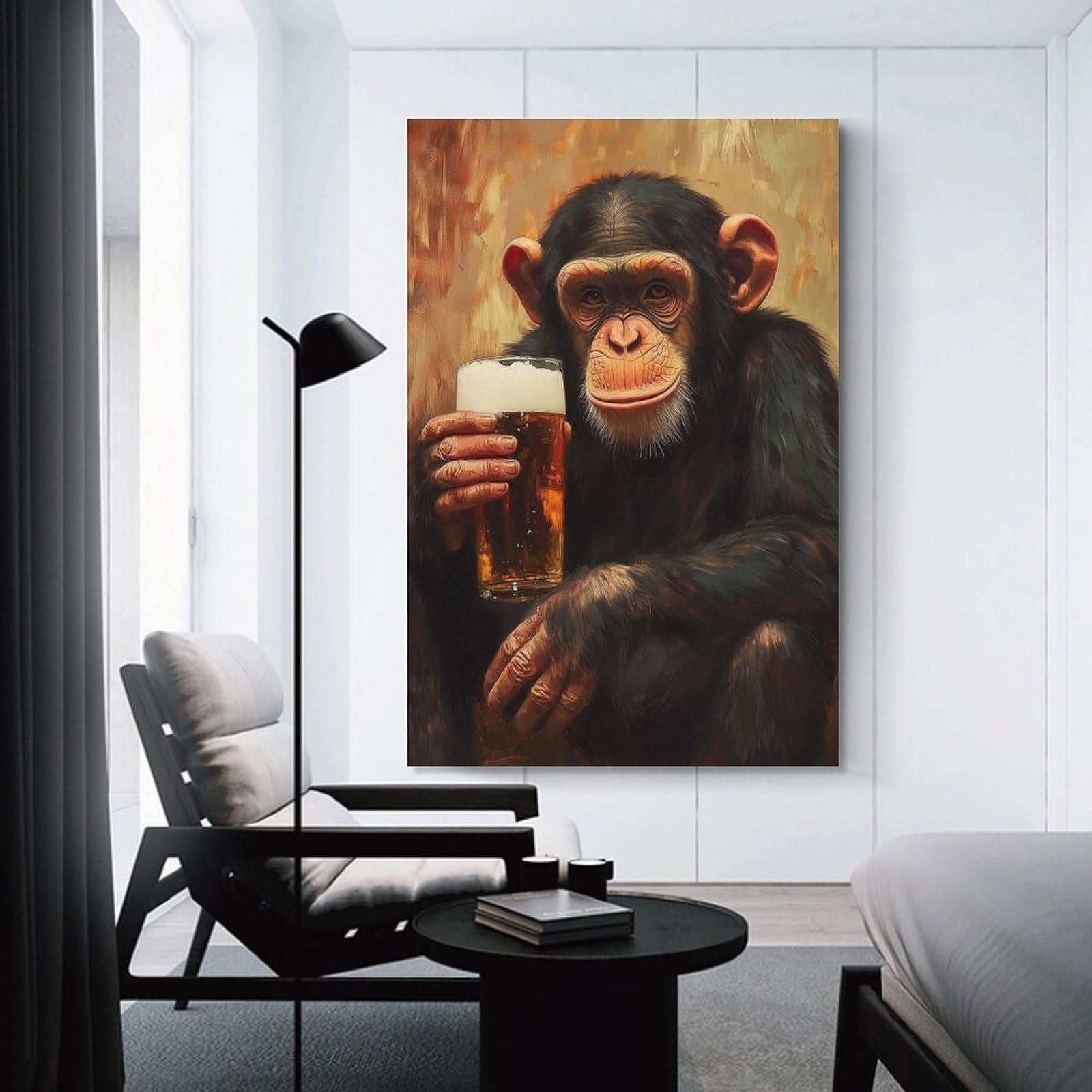 Junmoney Chimpanzee with Beer Wall Picture Print, 24x36inch(60x90cm), for Lounge, Study, Hallway Or Flat Walls, Canvas Wall Art That Fits Changing Layouts