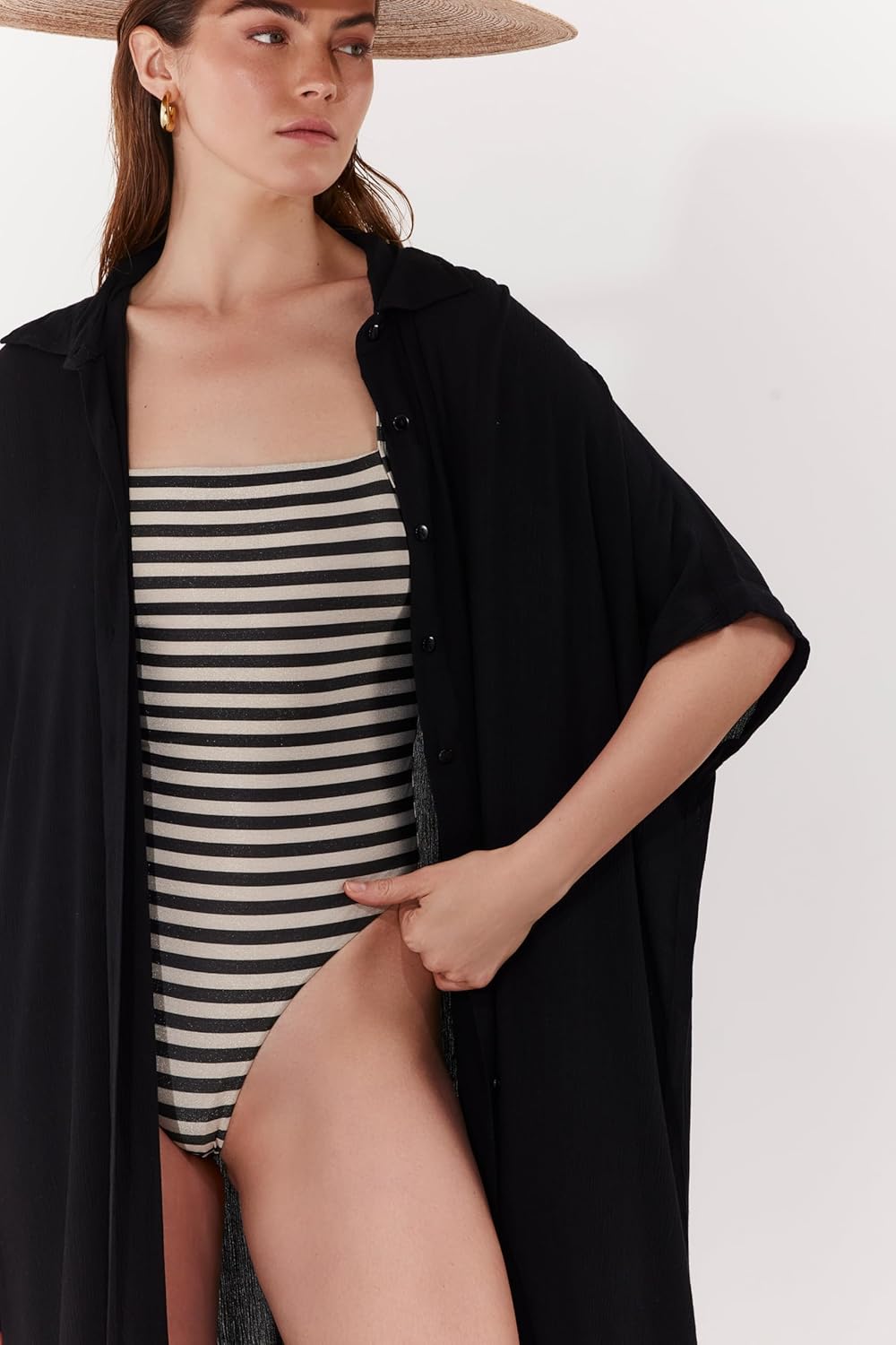 Gottex Beach Life Solena Crêpe Oversized Shirt Dress Cover-Up - Button Closure, Side Slits, Side Pockets, Short Wide Sleeves