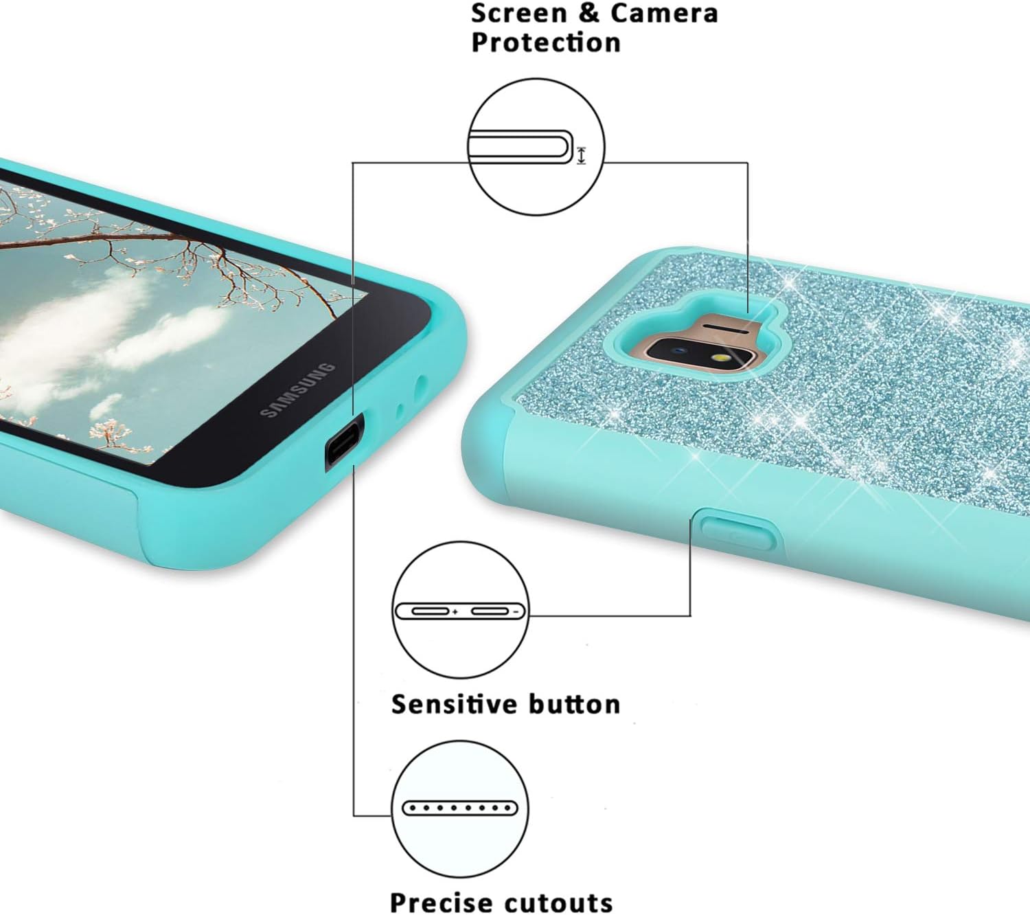 TJS Phone Case Compatible with Samsung Galaxy J2 Core/J2 2019/J2 Pure/J2 Dash/J2 Shine, with [Tempered Glass Screen Protector] Glitter Bling Cute Girls Women Design Dual Layer Hybrid (Rose Gold)