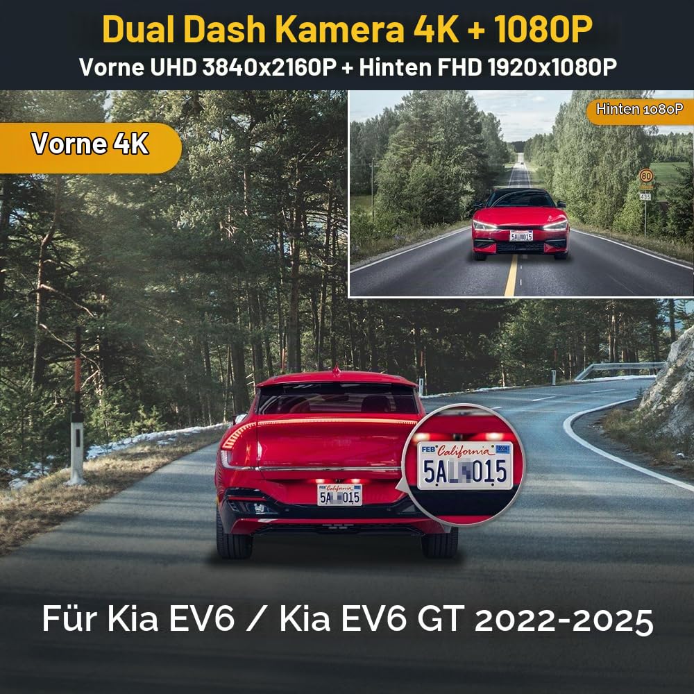 Fitcamx Dashcam Auto Vorne und Hinten Kompatibel mit Kia EV6 GT GT-Line Light Wind 2022 2023 2024 2025, OEM Dashcam 4K 2160P+1080P UHD Video WiFi, G-Sensor, Loop-Aufnahm, Nachtsicht, Plug&Play, 128GB