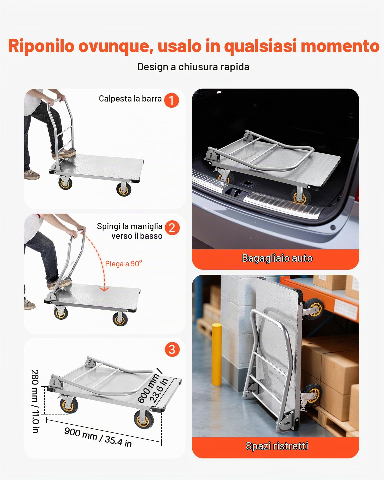 VEVOR Carrello a Piattaforma da Trasporto Pieghevole Capacità Carico max. 907,18 kg, Carrello a Pianale in Acciaio con Ruote Girevoli e Maniglia, Pianali 900x600 mm per Trasporto Garage, Magazzino