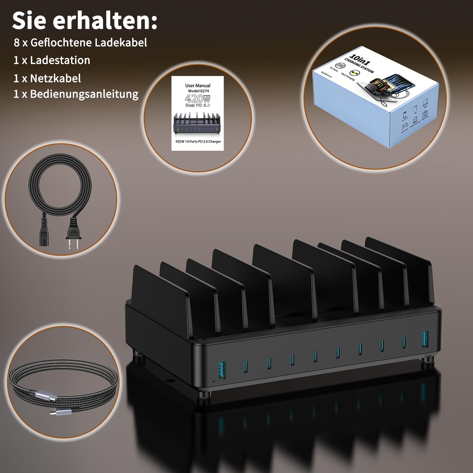 420W Ladestation Mehrere Geräte USB C Charging Station, GaN PD3.0 10 Anschlüsse Handy Ladestation Desktop Ladegerät mit Schnell-Laden Kompatibel mit MacBook Pro/Air, iPhone, Galaxy