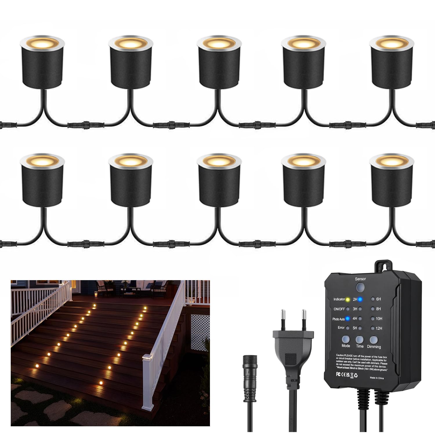 Arotelicht 10 LED Faretti da Incasso a Intensità Variabile IP67 Bianco Caldo con Timer e Sensore Fotocellula 12V Trasformatore 0,6 W Ø32 mm Lampada da terrazzo Luci da Giardino