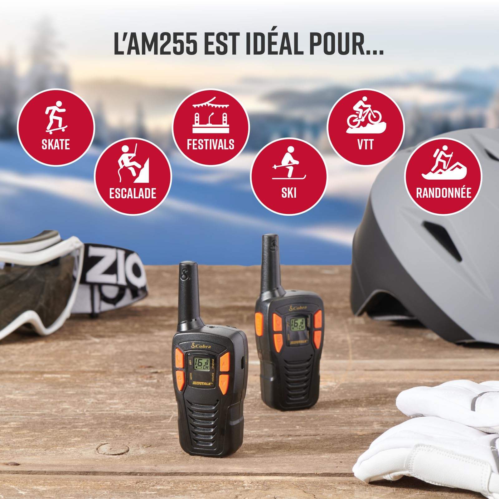 Cobra AM255 Talkies-Walkies Légers IPX2 (Pack de 2) – Portée de 5 km, 16 canaux, Fonction d'économie d'énergie, talkies-Walkies Rechargeables, Noir