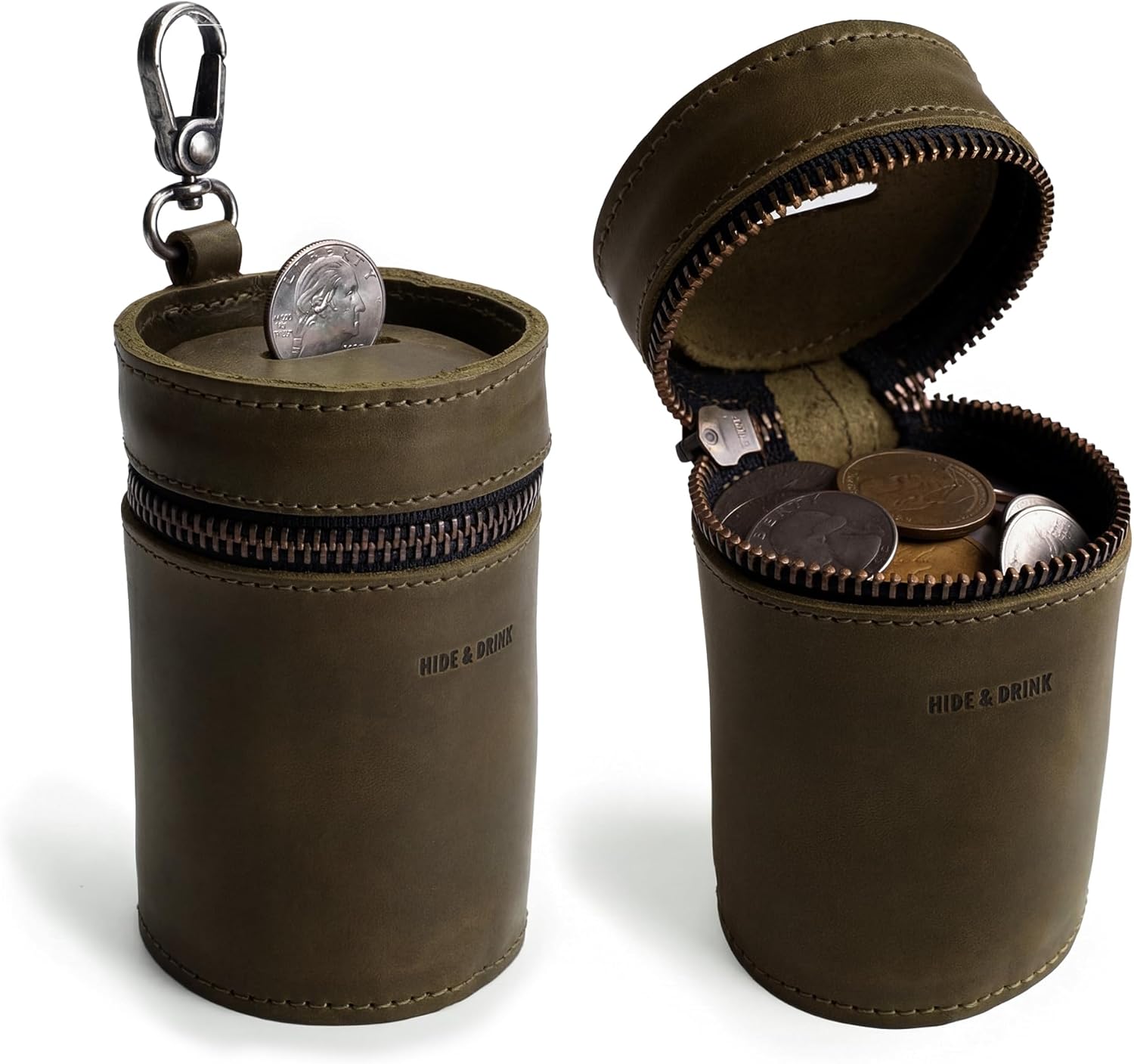 Hide & Drink, Money Box, Piggy Bank Bucket, Zippered Pouch, Cash Organizer, Coin Case, Full Grain Leather, Handmade (Charcoal Black)