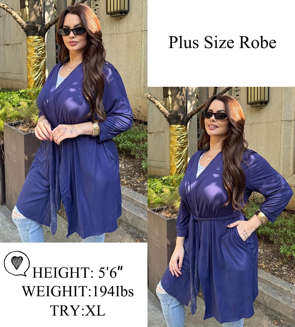 Ekouaer Women‘s Robes Lightweight 3/4 Sleeve Short Knit Bathrobe Soft Knee Length Sleepwear Robes with Pockets S-XXL - Image 3