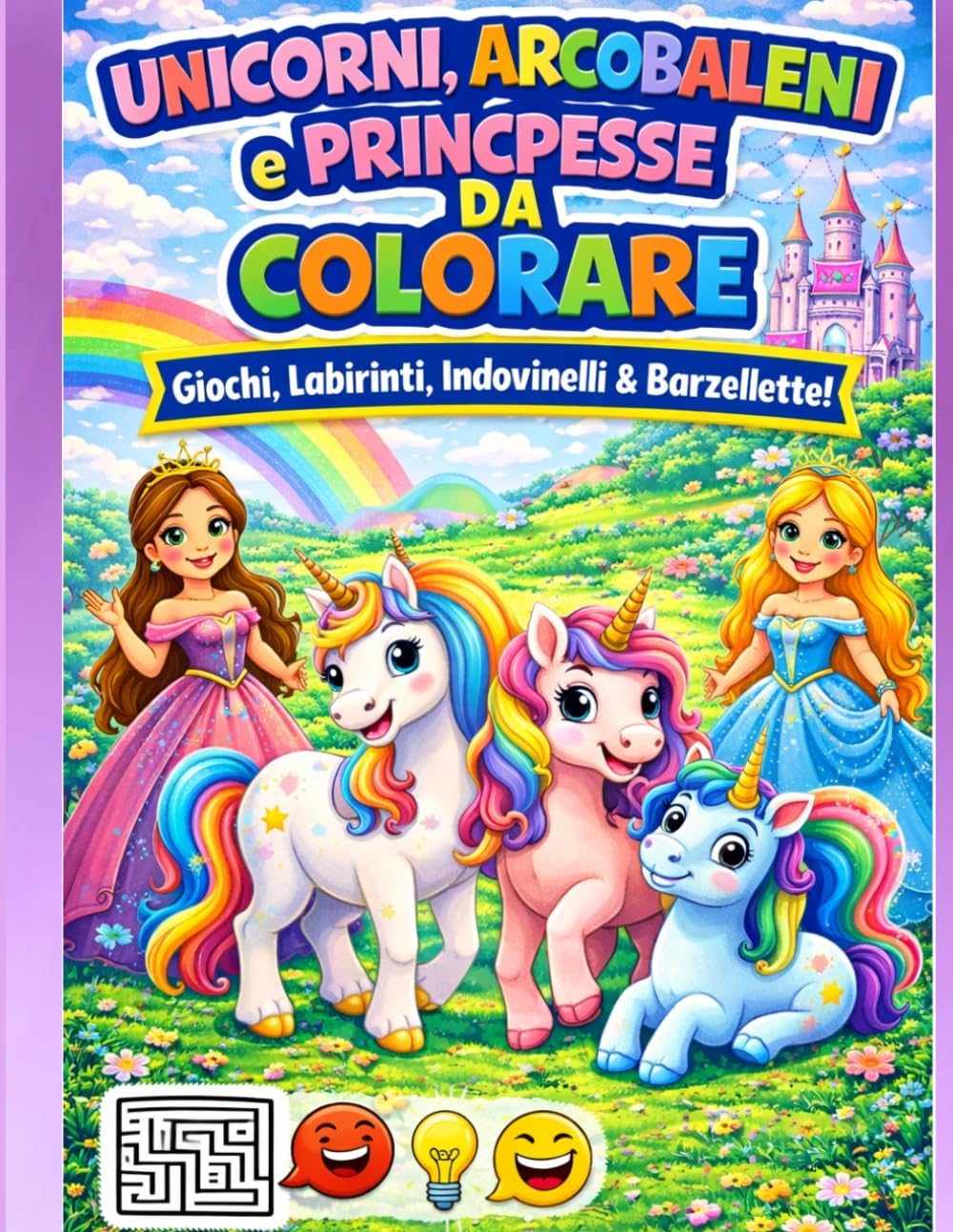Unicorni, Arcobaleni e Principesse da colorare: Giochi, labirinti, indovinelli e barzellette (Disegni da colorare per bambini)