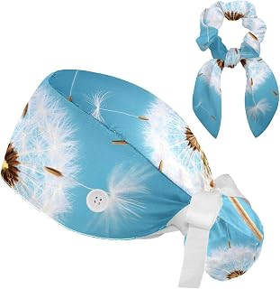 FVQL 2 Pieces Surgical Cap for Long Hair Scrub Cap with Hairband Nurse Cap, Plant Dandelion
