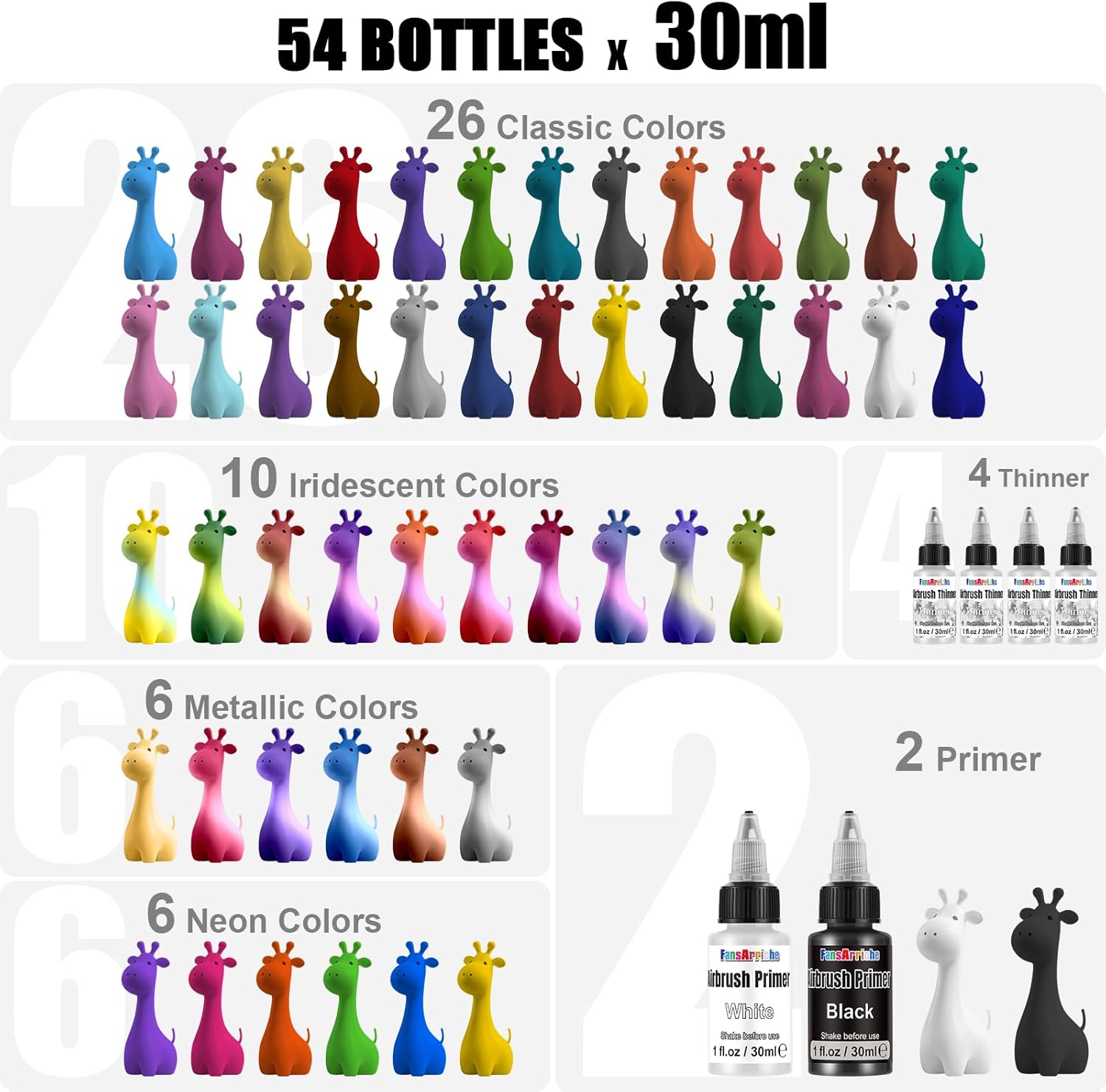 FansArriche Airbrush Paint, 48 Colors (30 ml /1 oz) with 4 Thinner & 2 Primer, Ready to Spray Water-Based Metallic & Neon & Iridescent Acrylic Airbrush Painting Set