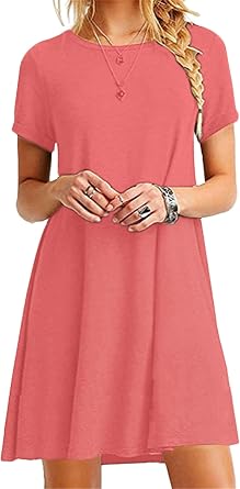 Womens Crew Neck Summer Mini Casual Tshirt Dresses Short Sleeve Boho Beach Dress Loose Pleated Shirt Dress