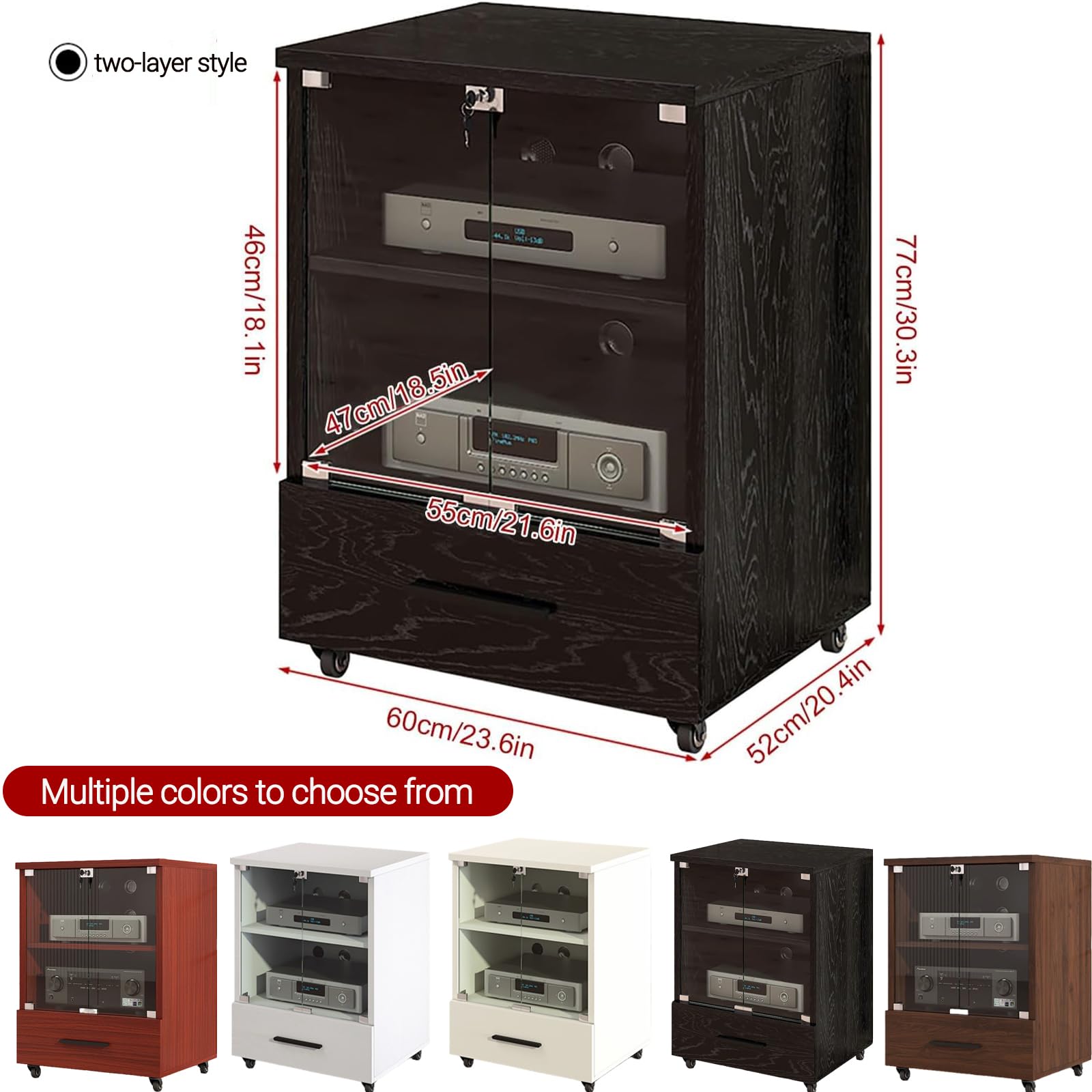 Szafka stereo z kółkami i szufladą, stojak na audio AV, Media Center Storage dla odtwarzaczy płyt, 3-poziomowa konsola audio, wykończenie orzechowe do salonu