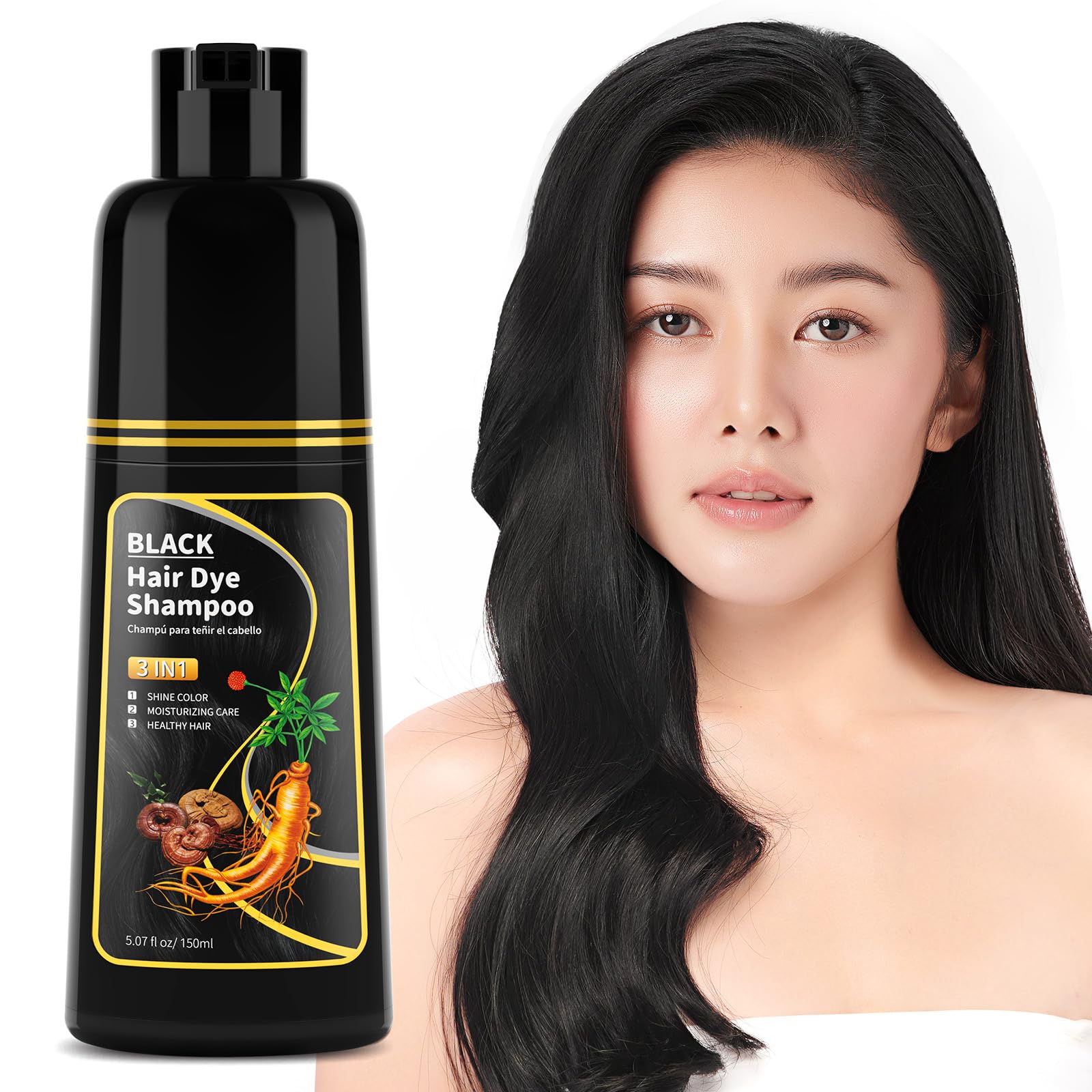 Black Hair Dye Shampoo - Natural Nutrition for Gray Hair Coverage, 3 in 1 Shampoo for women, Semi Permanent Hair Color for Instant, Lasts 30 Days/Natural herbal Ingredients, 150 ML/5.07 OZ