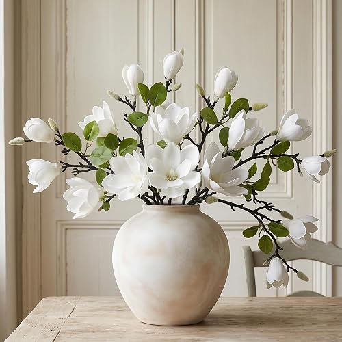 Set of 4 Artificial Magnolia Flowers, 25 Inch White Fake Flowers Branches | Realistic Silk-Look Flora for Tall Vase Table Centerpiece & Indoor Home Decor (No Pot) (4, White)