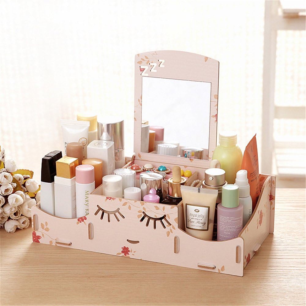 Multifunction Desktop DIY Wood Cosmetic Storage Containers Makeup Organizer Jewelry Box With Mirorr-Flower