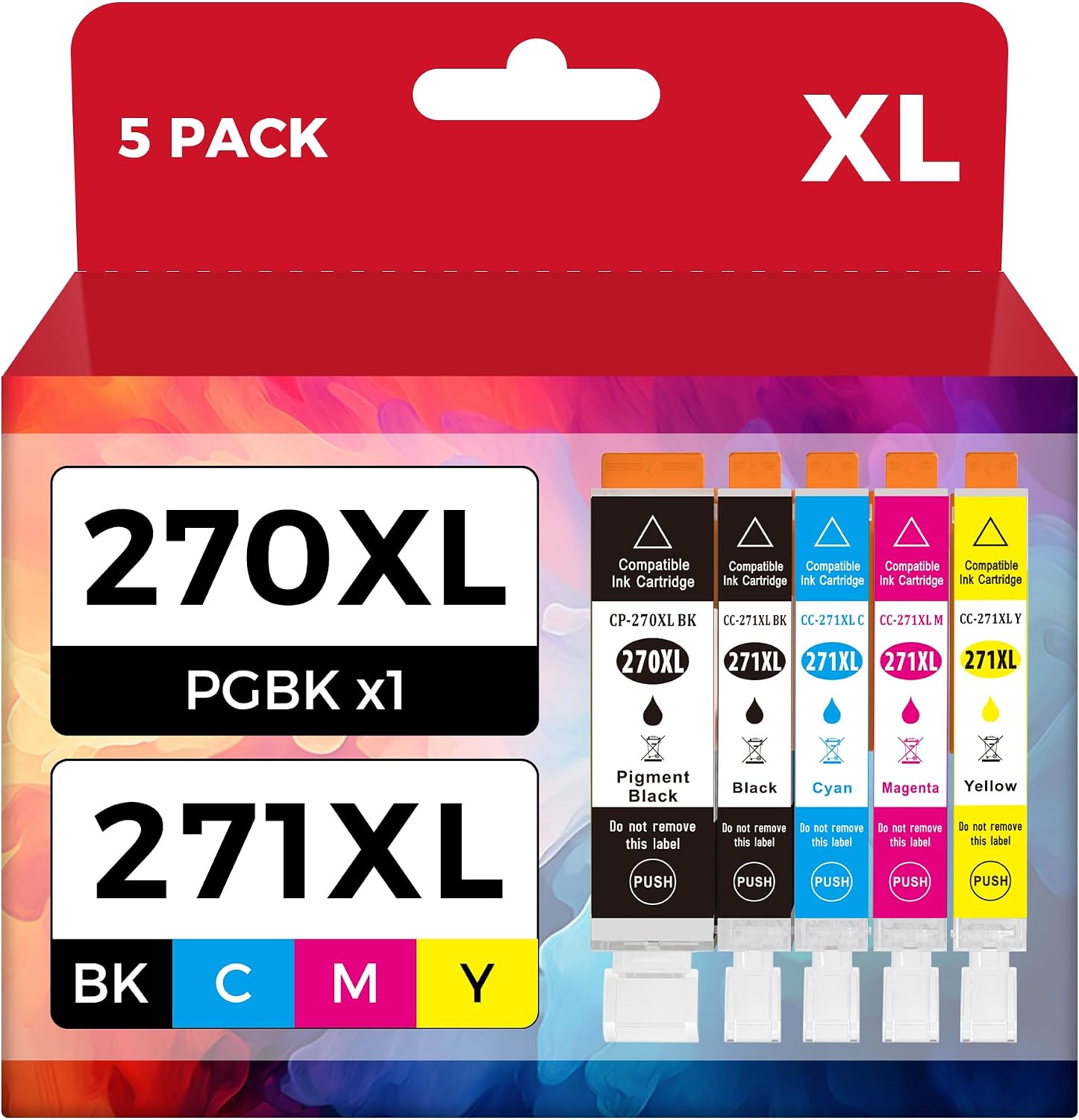PGI-270XL CLI-271XL 5 Color Value Pack Replacement for Canon 270 271 XL Ink Cartridges to use with MG5720 MG5721 MG5722 MG6820 MG6821 MG6822 TS6020 (PGBK, Black, Cyan, Magenta, Yellow, 5Pack)