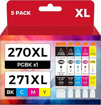 PGI-270XL CLI-271XL 5 Color Value Pack Replacement for Canon 270 271 XL Ink Cartridges to use with MG5720 MG5721 MG5722 MG6820 MG6821 MG6822 TS6020 PGBK, Black, Cyan, Magenta, Yellow, 5Pack