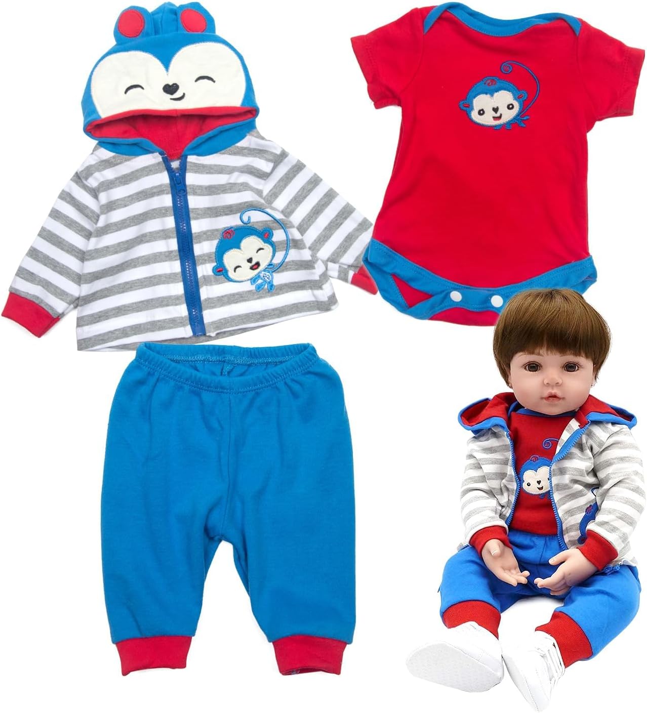 Reborn Baby Doll Clothes Boy for 17- 18 inch Babydolls Blue Monkey Outfit Baby Boy Clothes Reborn Doll Accessories 3pcs