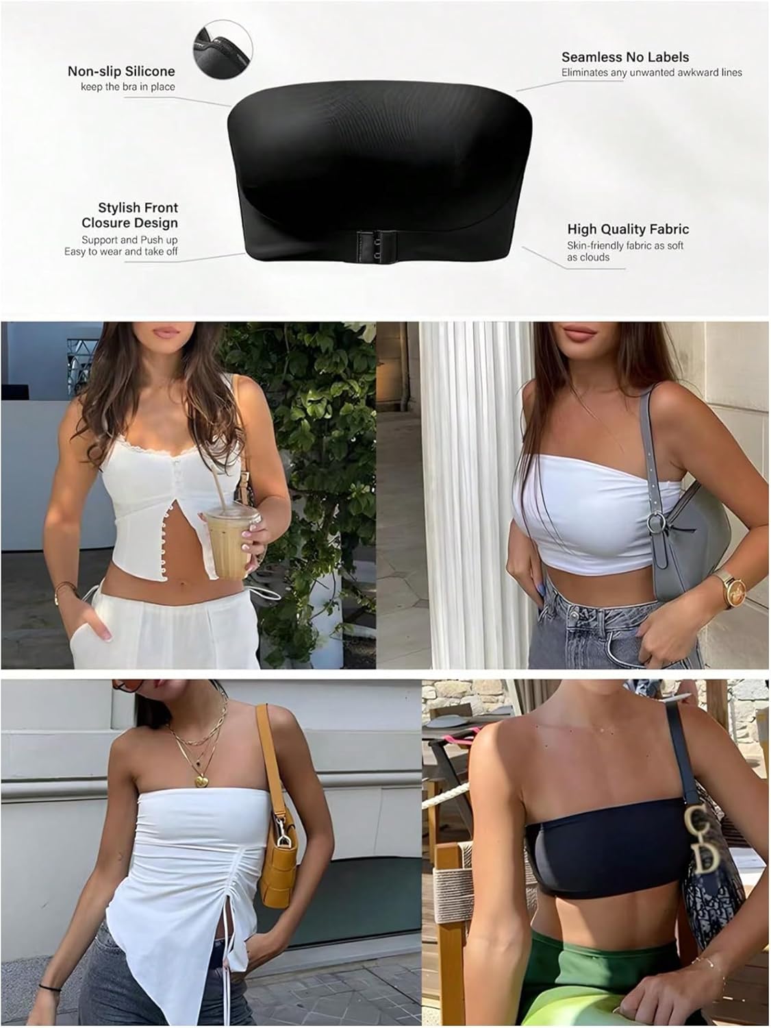 GORGLITTER Women's 2 Piece Strapless Push Up Bra Front Closure No Padding Wireless One Piece Backless Bandeau Bra - Image 5