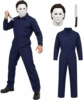 Blue Halloween Jumpsuit Set for Adults & Kids with Scary Mask & Prop Knife