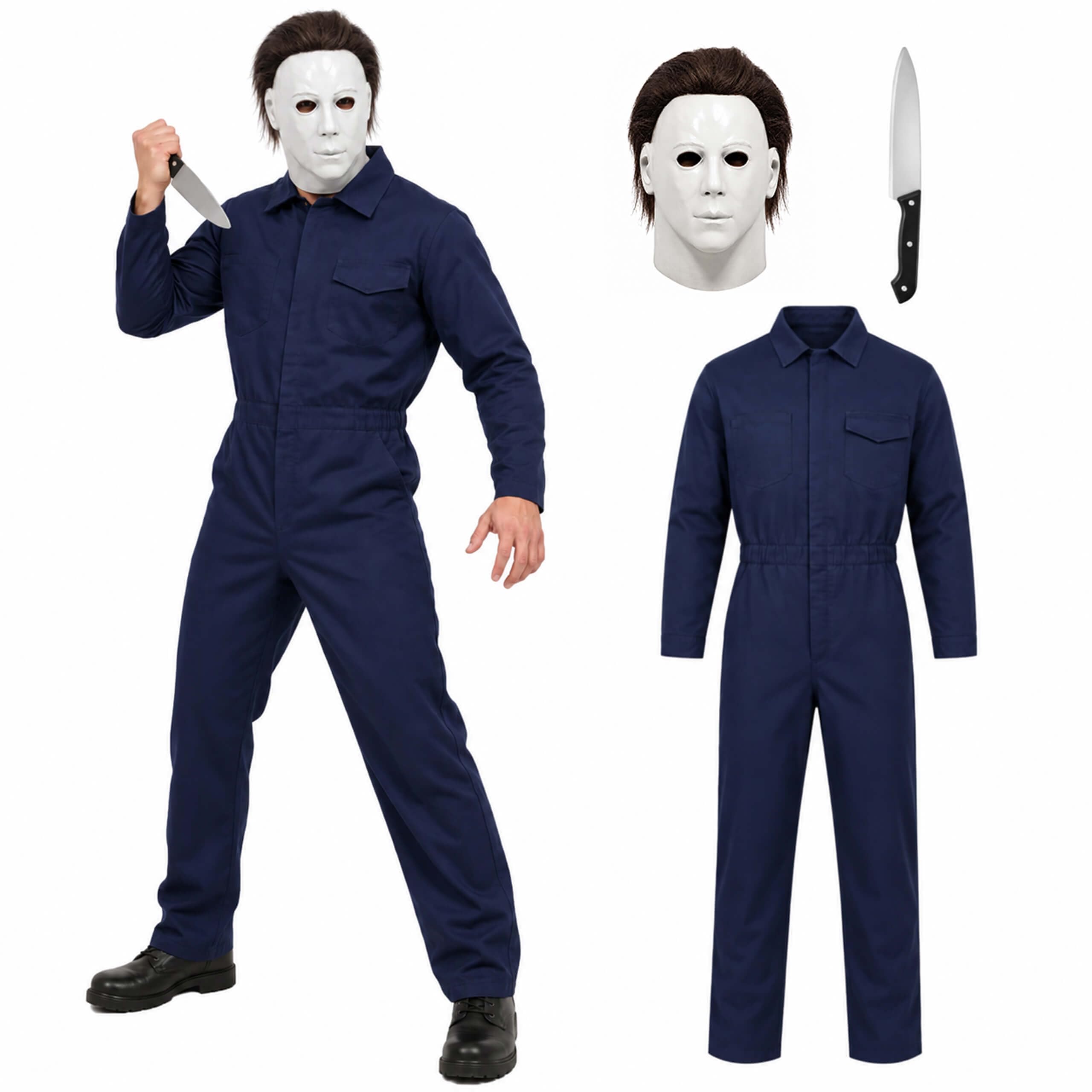 Blue Halloween Jumpsuit Set for Adults & Kids with Scary Mask & Prop Knife Large