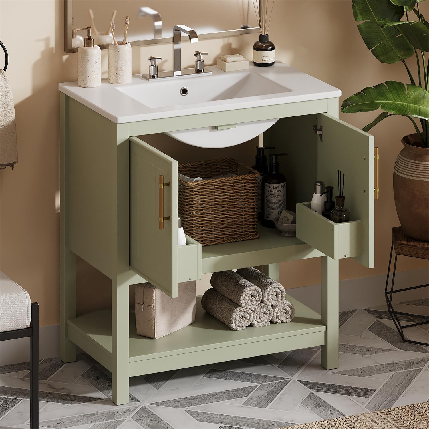 Linique 30 inch Bathroom Vanity with Ceramic Sink, Soft Closing 2 Doors with Shelf, Bottom Shelf, Metal Handles, Freestanding Wooden Storage Cabinet for Bathroom, Green