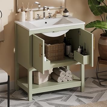 Linique 30 inch Bathroom Vanity with Ceramic Sink, Soft Closing 2 Doors with Shelf, Bottom Shelf, Metal Handles, Freestanding Wooden Storage Cabinet for Bathroom, Green