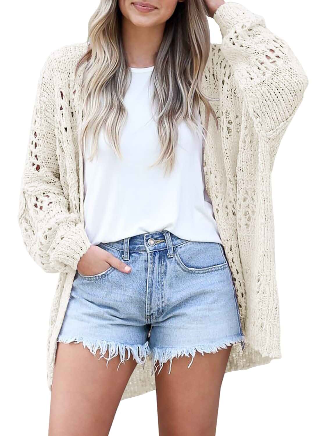 Ermonn Womens Crochet Cardigan Sweater Kimonos Boho Solid Color Oversized Spring Open Front Outwear