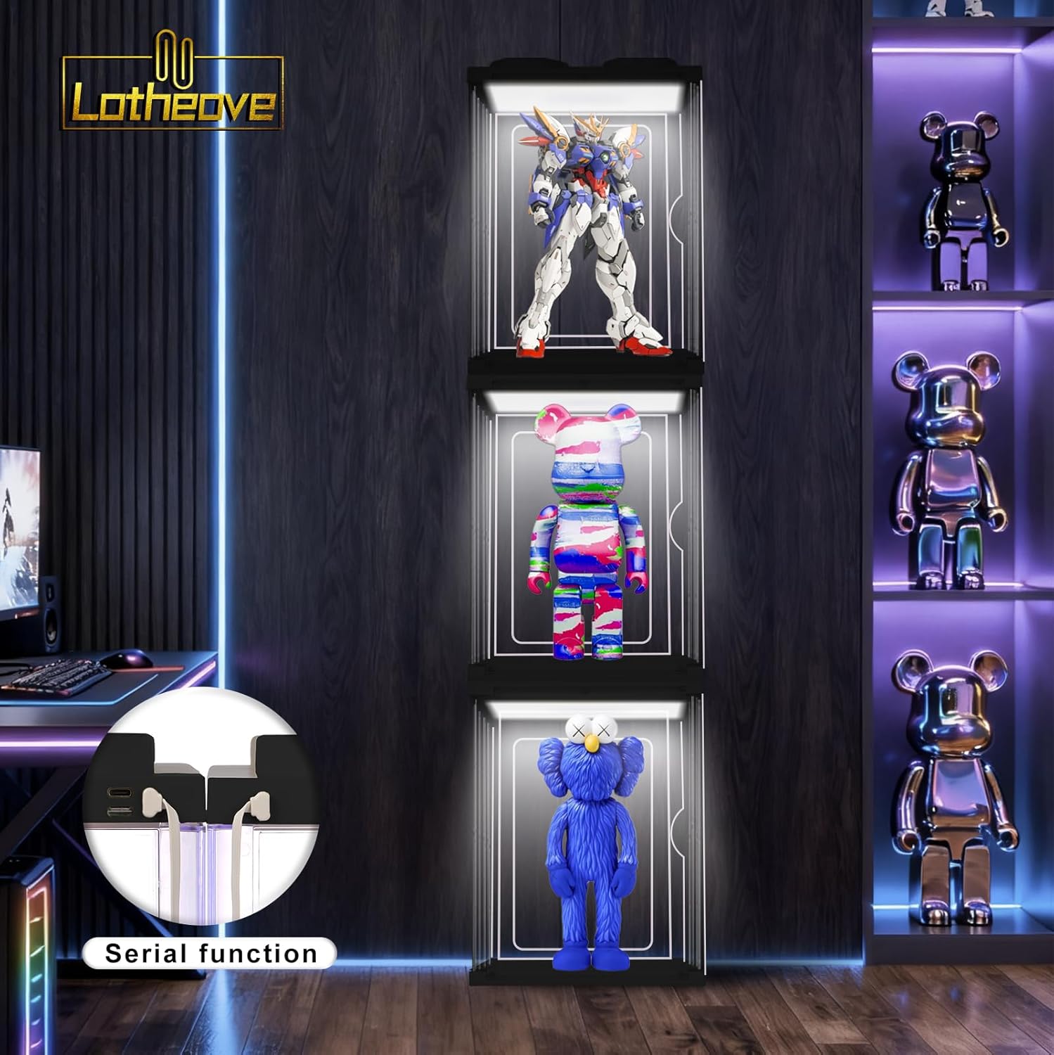 Lighted Acrylic Display Case for Figures, 15.7" Tall Clear Showcase with Top LED, Front-Opening Door, Stackable, Easy-Assembly Dustproof Cabinet for 1/6 Action Figures & Model Kits, Black