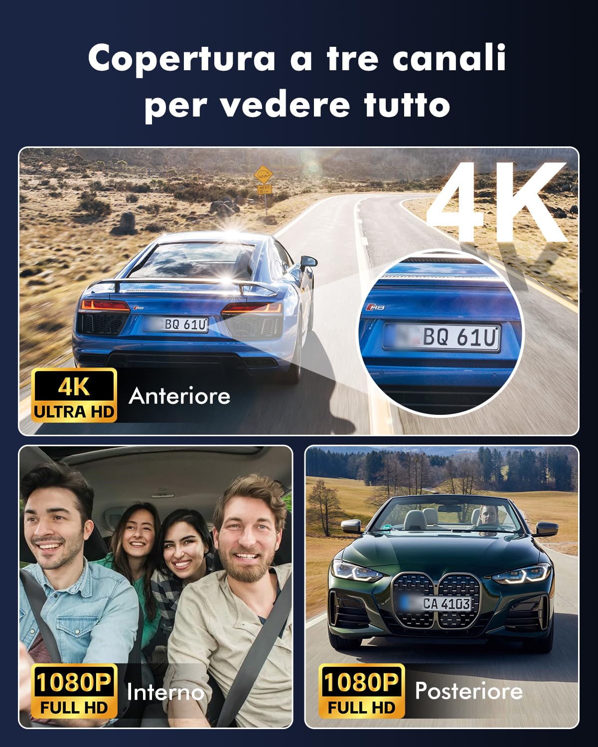 Dash Cam Auto 3 Canali, 4K UHD Anteriore + Full HD Posteriore + Interno, Dashcam con Sorveglianza Parcheggio 24h, WiFi 6 e GPS, Visione Notturna HDR/WDR, Dashcam con scheda 64GB (V1)