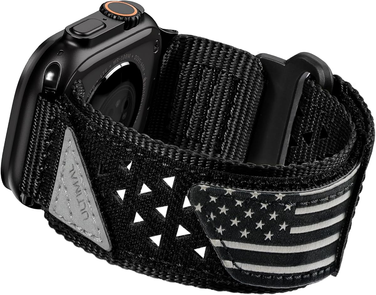 ULTIMAL Compatible witch Apple Watch Ultra 3/2/1 Series 11/10/9/8/7/6/5/4/SE/SE2/SE3,Nylon velcro Stars-Stripes Flag Woven Strap for men 49mm 46mm 45mm 44mm (L,Black USA Flag)