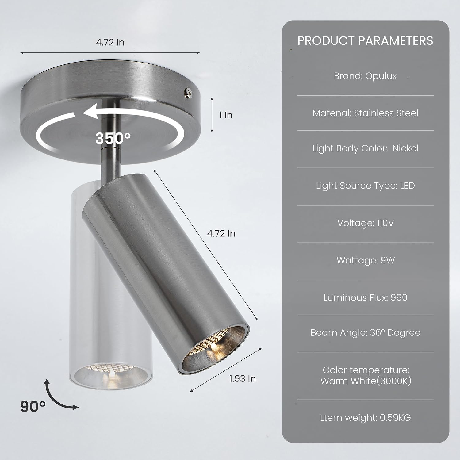 9W Dimmable Nickel Wired Ceiling Spotlight Indoor, Stainless Steel | Adjustable 350° Rotating & 90° Tilt Surface Accent Directional Spot Light Fixtures for Industrial Decor, Art, Plants