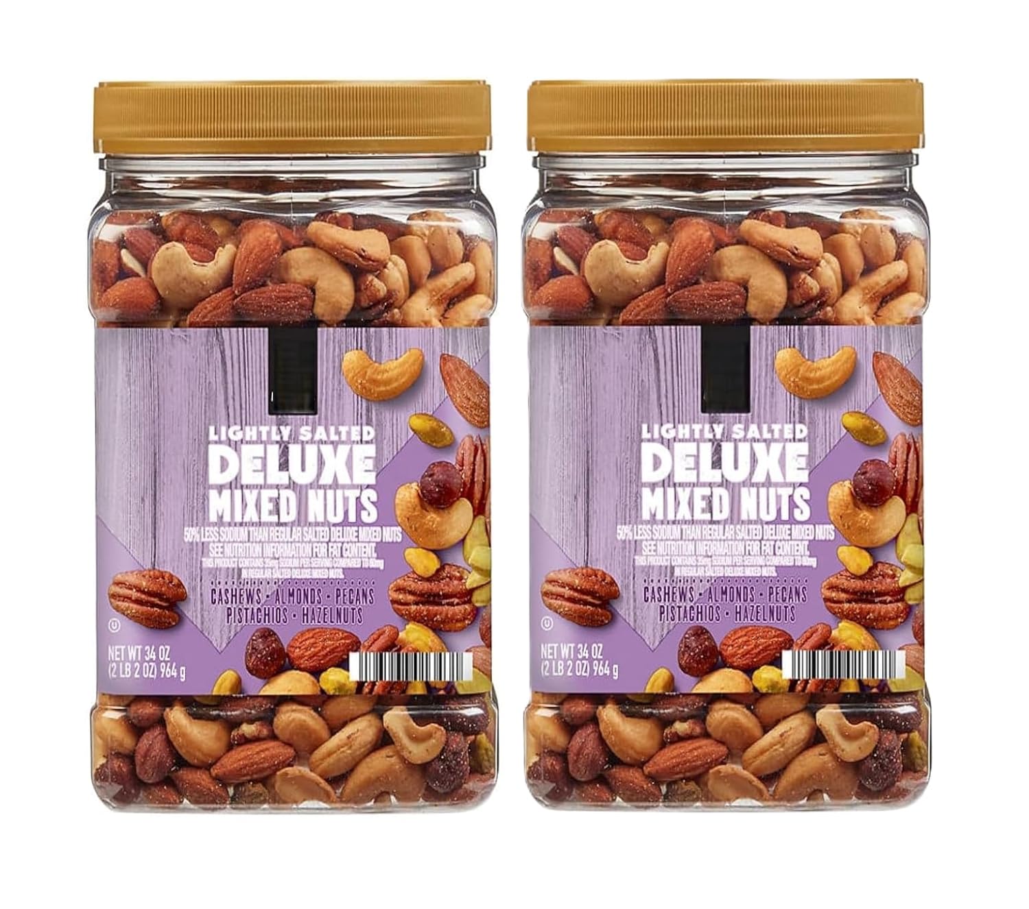 Lightly Salted Deluxe Mixed Nuts, 34 oz Resealable Jar (Pack 2) - Premium Blend of Cashews, Almonds, Pecans, Pistachios & Hazelnuts - No Peanuts - Heart Healthy Snack